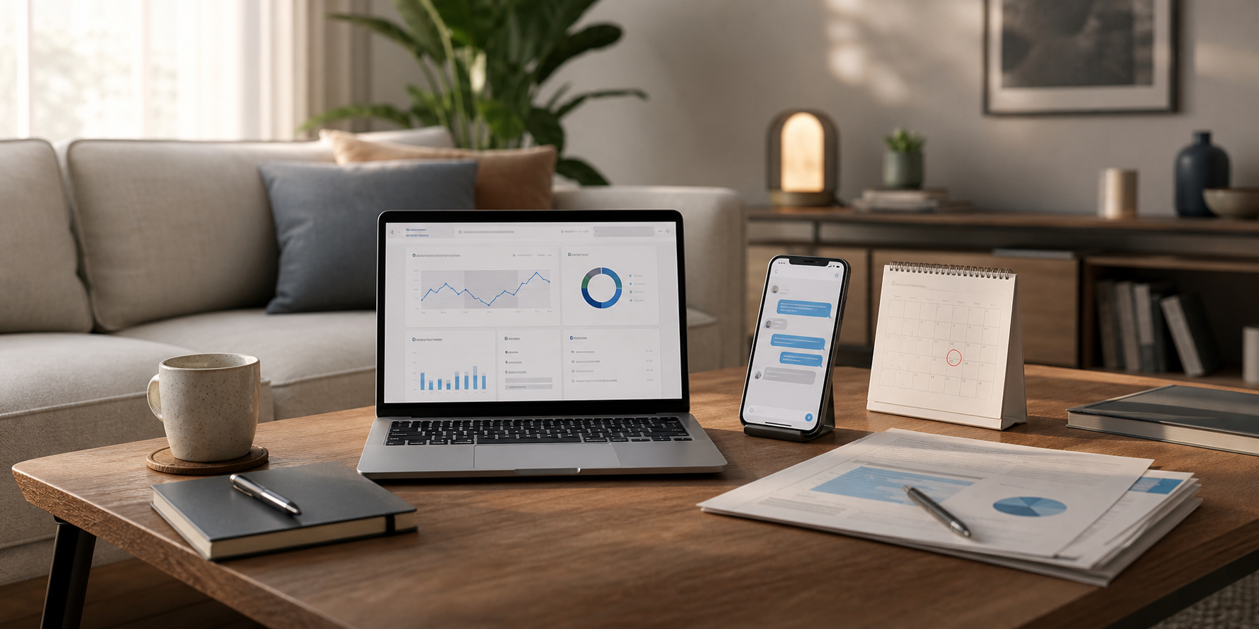 Small business owner reviewing AI business support dashboard and client delivery outputs