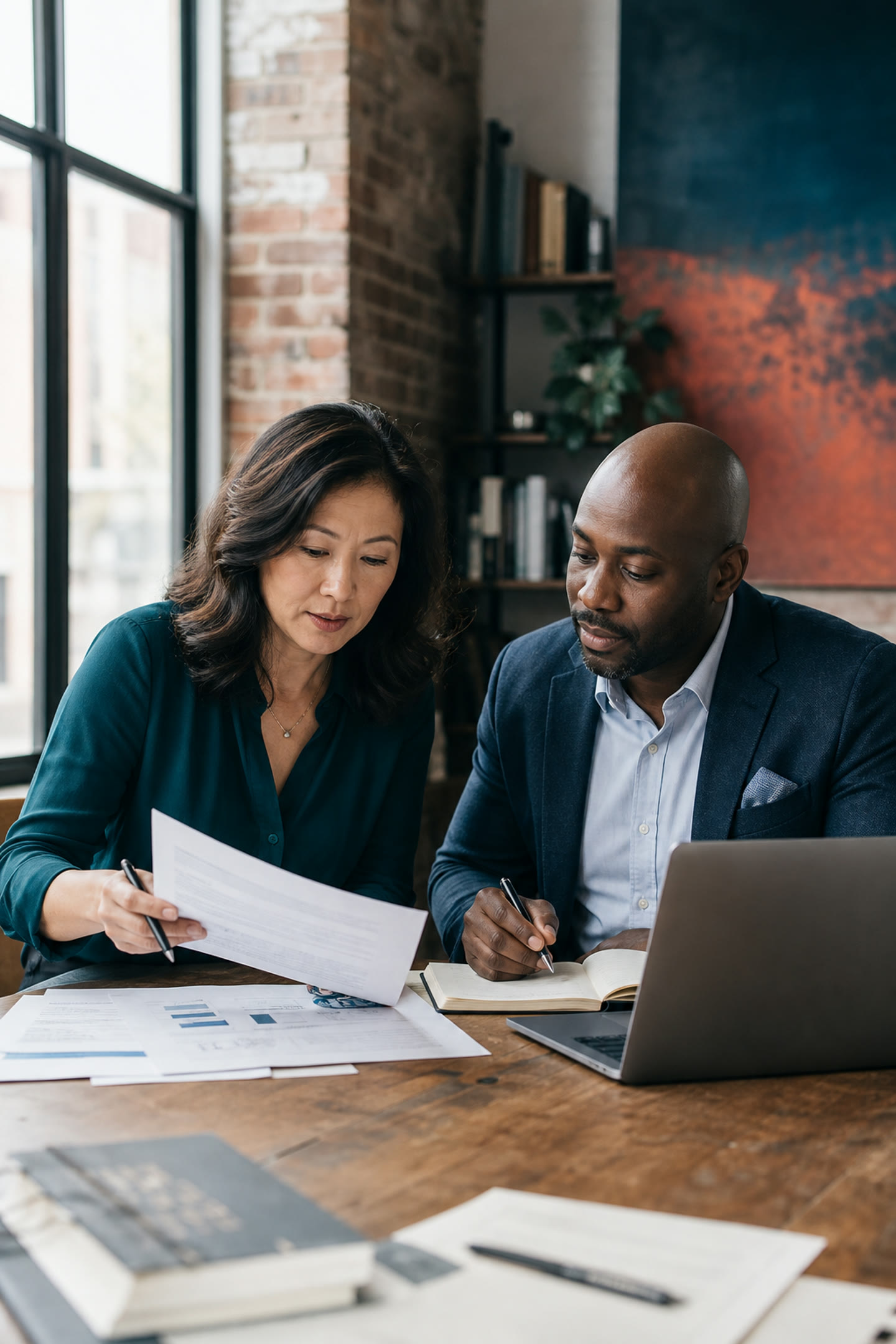 US consultants reviewing a proposal and client delivery notes