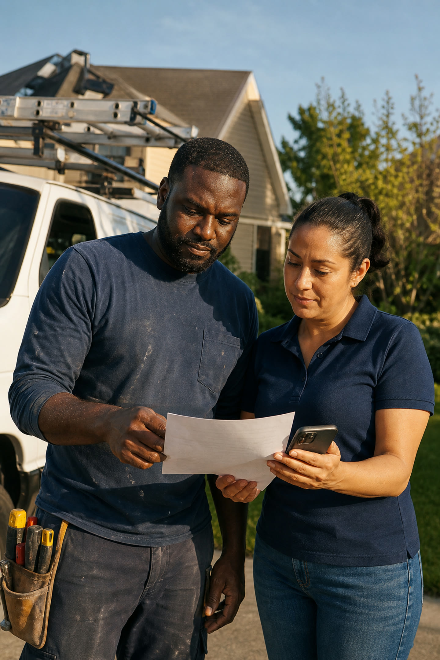 US trades business owner and coordinator reviewing an estimate at a job site